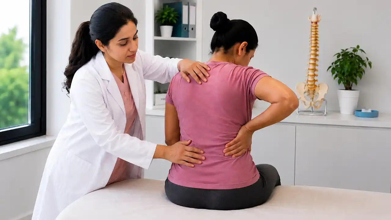 A female doctor examines a patient holding her lower back during a physiotherapy clinical session.