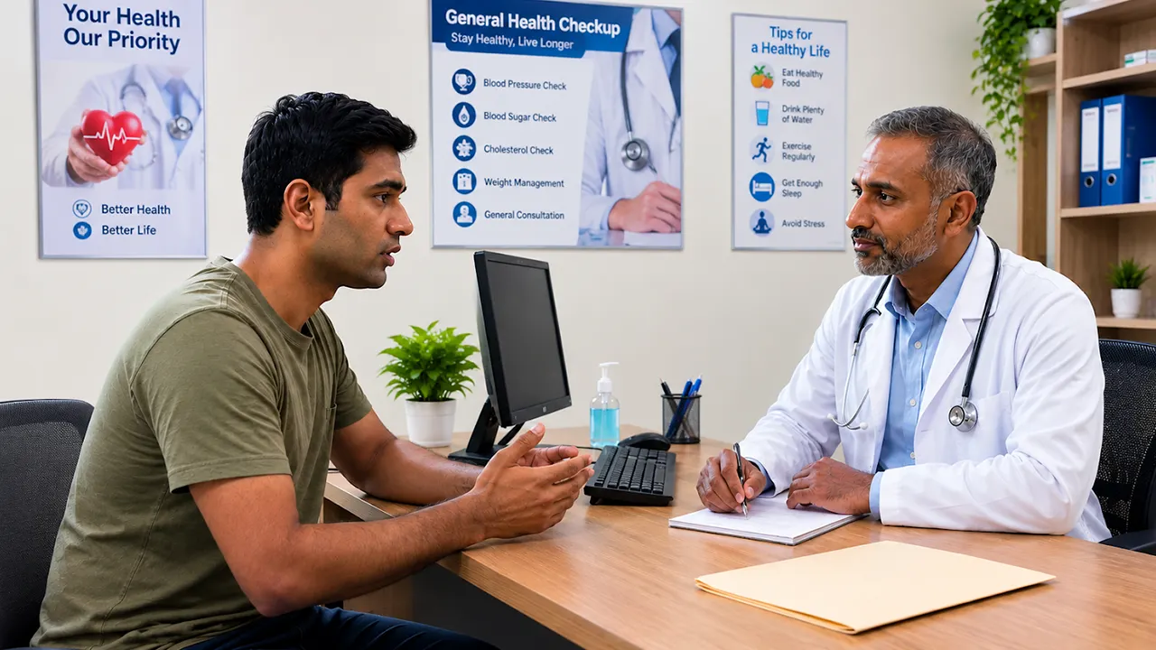 Patient discussing general health checkup and medical advice with a doctor in a clinic room