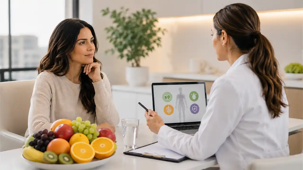 Professional dietitian explaining a digital wellness plan to a patient during consultation.