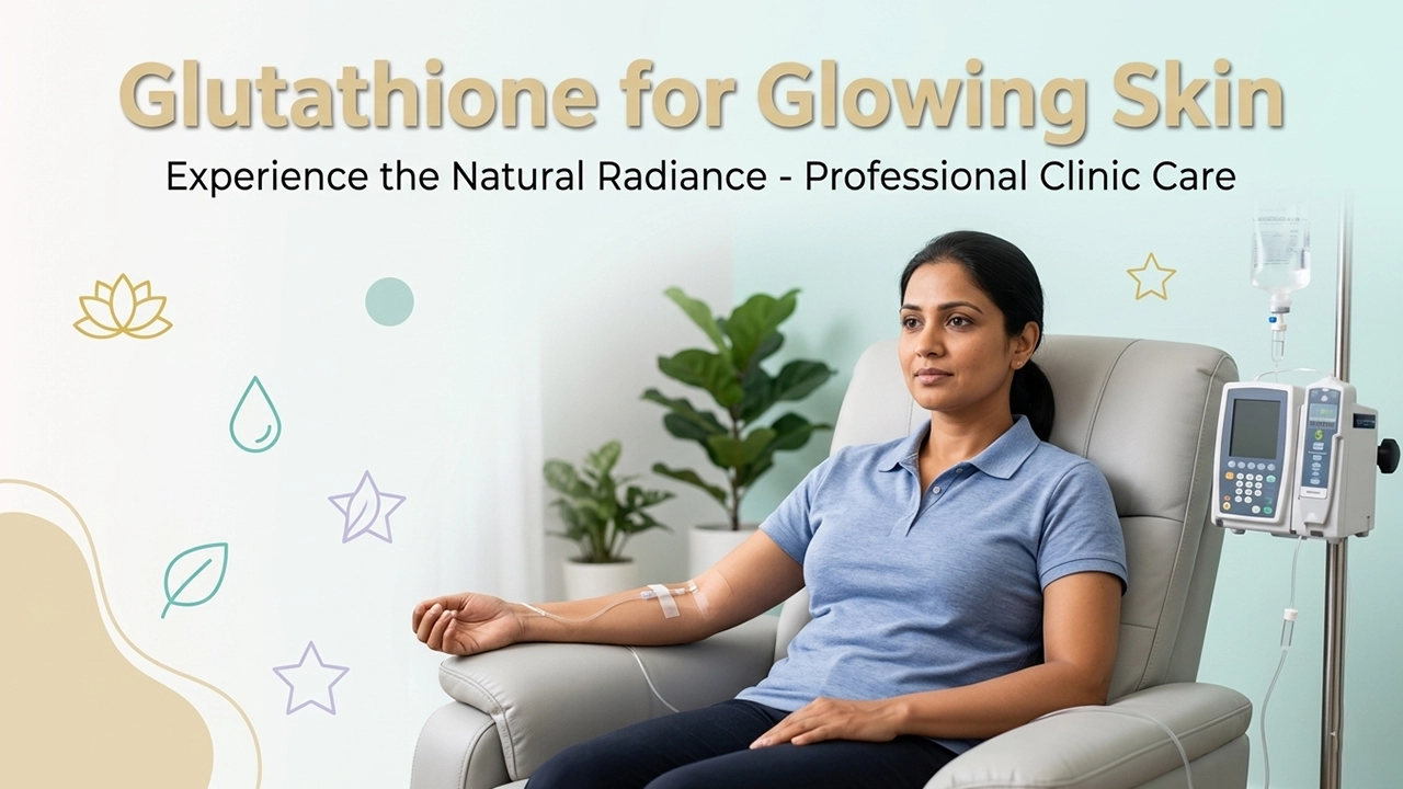 Woman receiving professional glutathione IV drip treatment in a clinic for skin brightening.