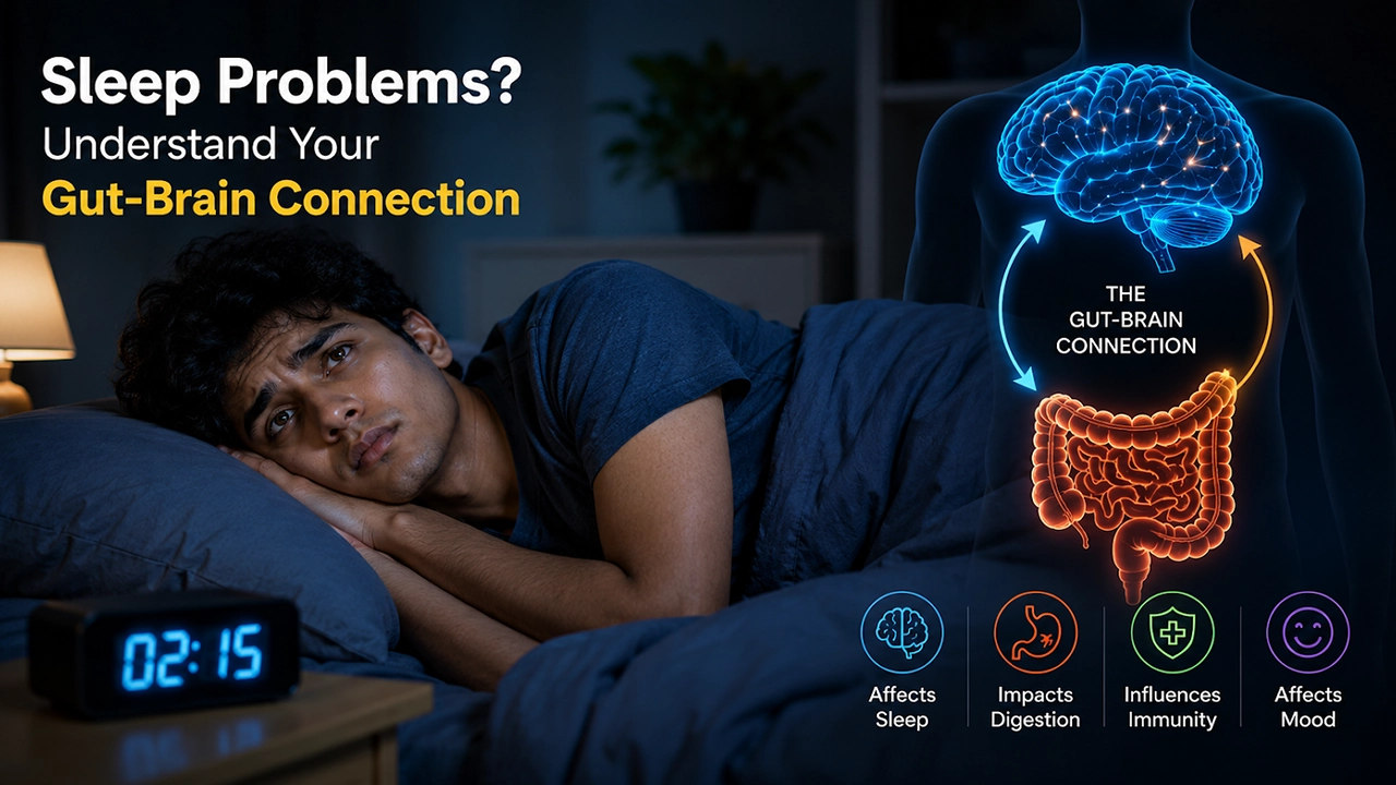 An awake man lies in bed beside a glowing diagram illustrating the gut-brain connection link