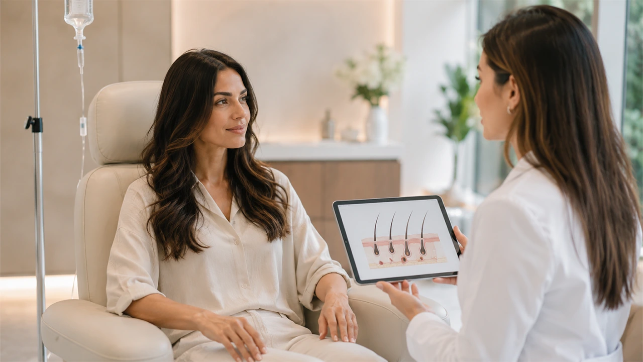 Dermatologist showing a hair follicle diagram on a tablet to a patient during a consultation