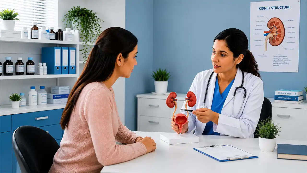 Female physician using an anatomical kidney model to explain the urinary tract to a patient.
