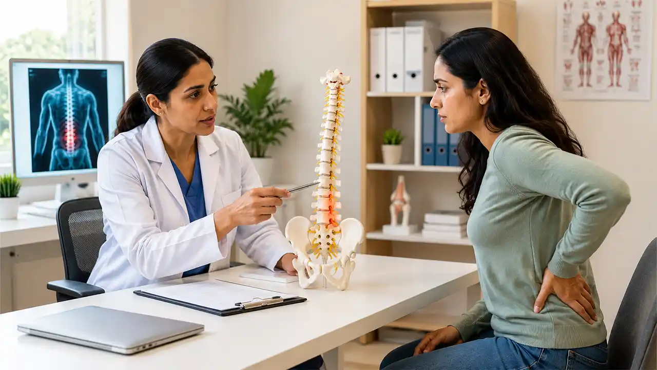 Doctor pointing to spine model while consulting female patient with back pain