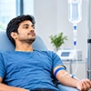 Medical doctor administering ozone IV therapy to a patient with O3 and O2 molecular graphics