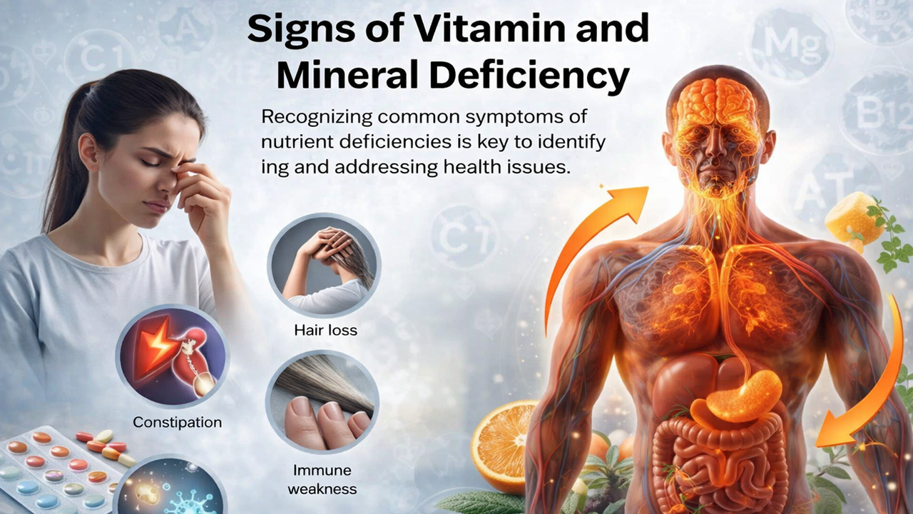 Common vitamin deficiency signs including fatigue, weak immunity, hair loss, bone pain, and low energy levels