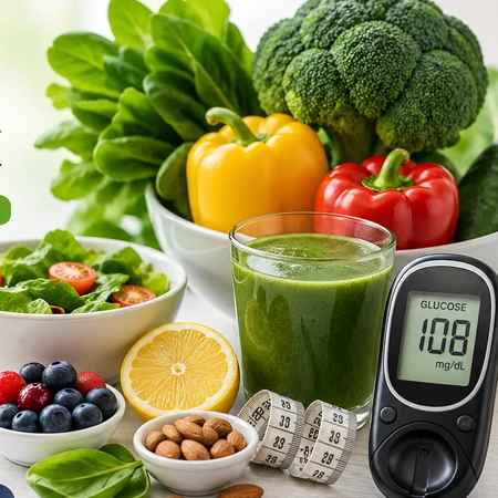 Fresh vegetables and green juice shown with a glucose monitor for a metabolic blood sugar program.