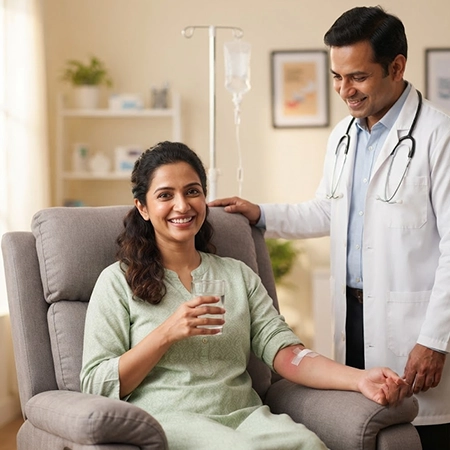Medical hands in pink gloves adjust a drip bag for a patient undergoing IV vitamin drip therapy.
