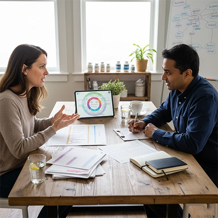 A doctor performing a functional medicine assessment to identify the underlying causes of hormonal imbalance in a patient