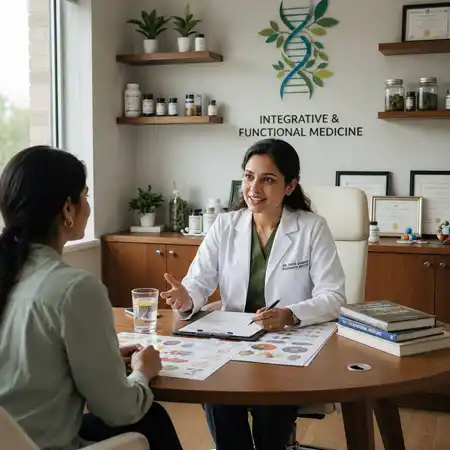 A healthcare practitioner consults a patient at a desk to evaluate root causes of sleep issues.