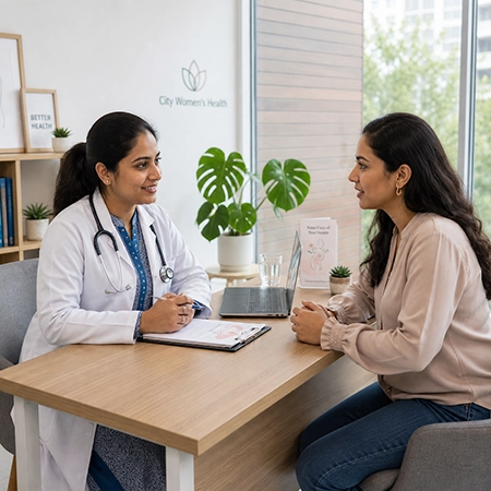 A healthcare practitioner consults a patient at a desk to evaluate root causes of sleep issues.