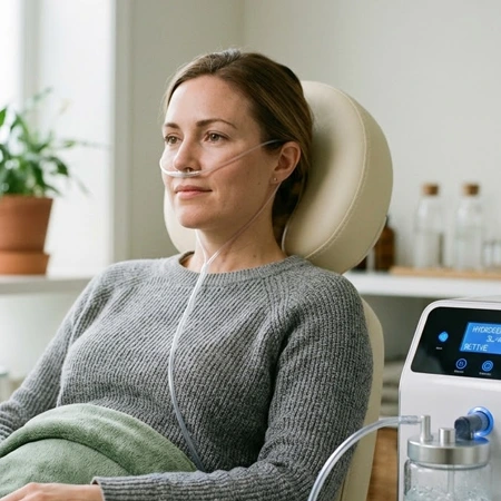 A woman receives hydrogen inhalation therapy to manage inflammation and support cellular health.
