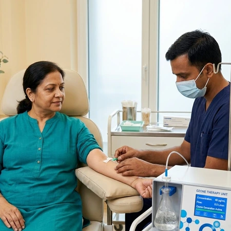 Medical professional administering ozone therapy to a patient to support oxygenation and recovery.