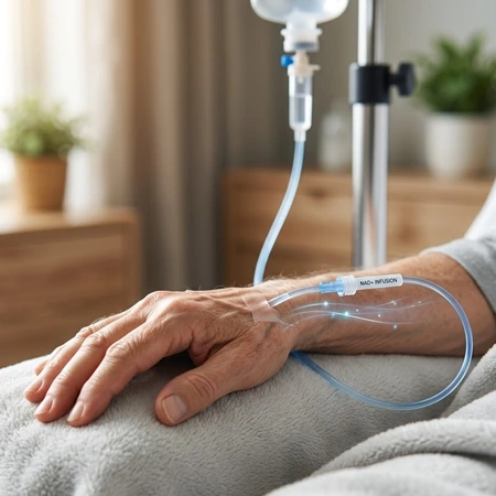 A patient receiving NAD+ IV therapy through an intravenous drip for enhanced cellular recovery.