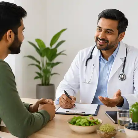 A doctor in a lab coat speaks with a patient about proper nutrition to improve sleep and mood.