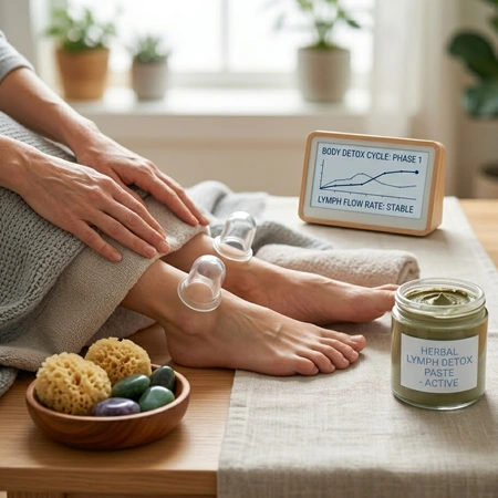 Professional detox therapy session showing cupping and herbal treatment to reduce body toxin load.