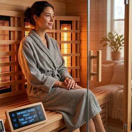 A person relaxing in an infrared sauna for metabolic health and energy-based weight management.