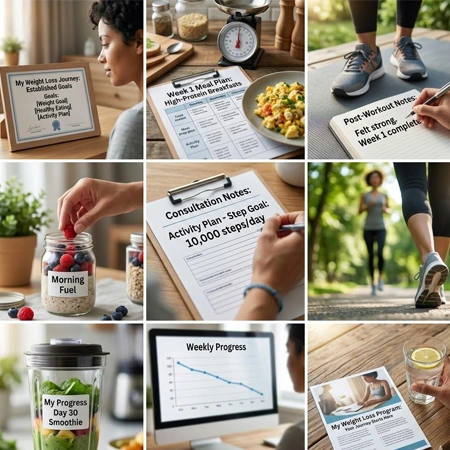 A collage showing meal plans, progress tracking, and healthy habits for an IV-supported weight loss.