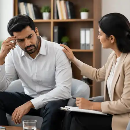 A therapist offers comfort to a stressed man sitting on a sofa during a counseling session.