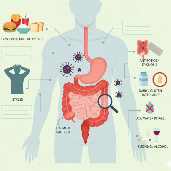 Common causes of gut health problems including poor diet, stress, infections, and digestive system imbalance