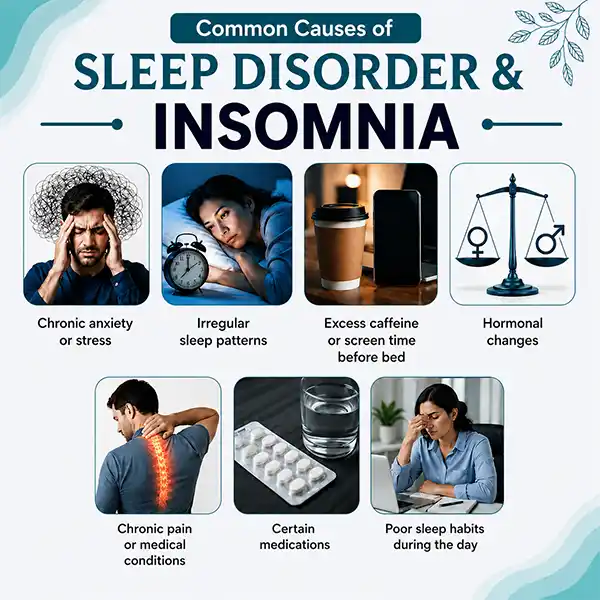An infographic illustrating seven common causes of sleep disorders insomnia and poor rest quality.