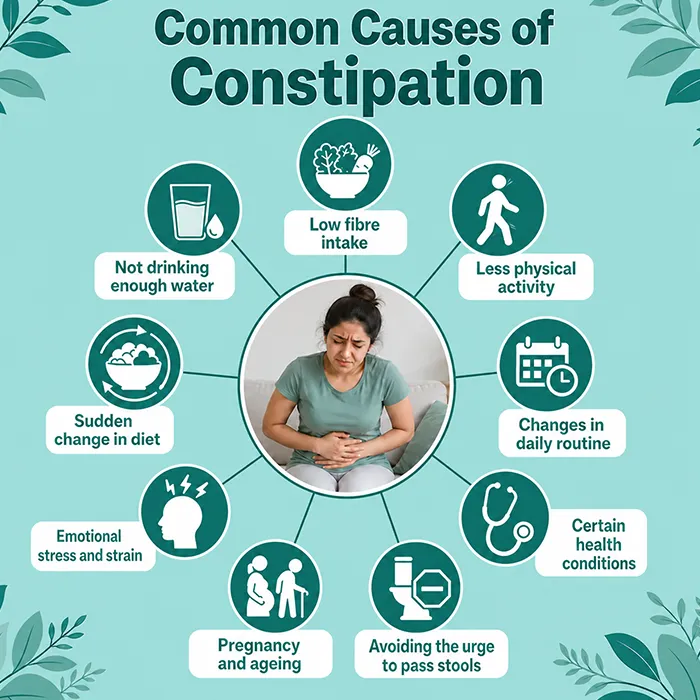 Medical illustration detailing primary causes of severe and chronic constipation symptoms
