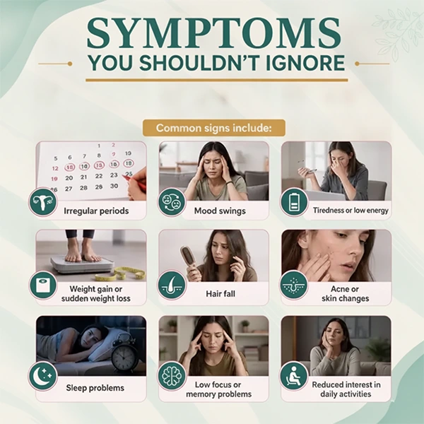 Illustrated list of hormone imbalance symptoms including fatigue, acne, poor concentration, and sudden weight changes