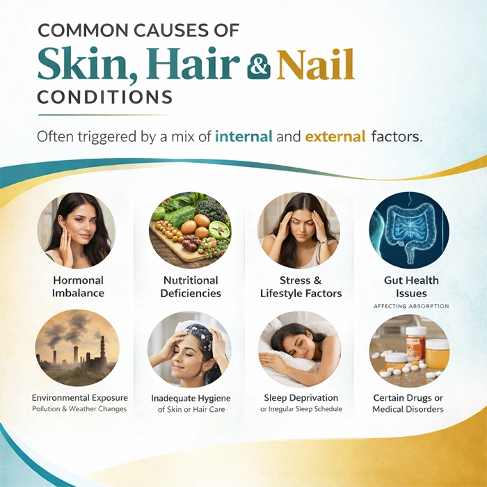 Infographic listing hormonal, nutritional, and lifestyle factors causing skin, hair, and nail issues.
