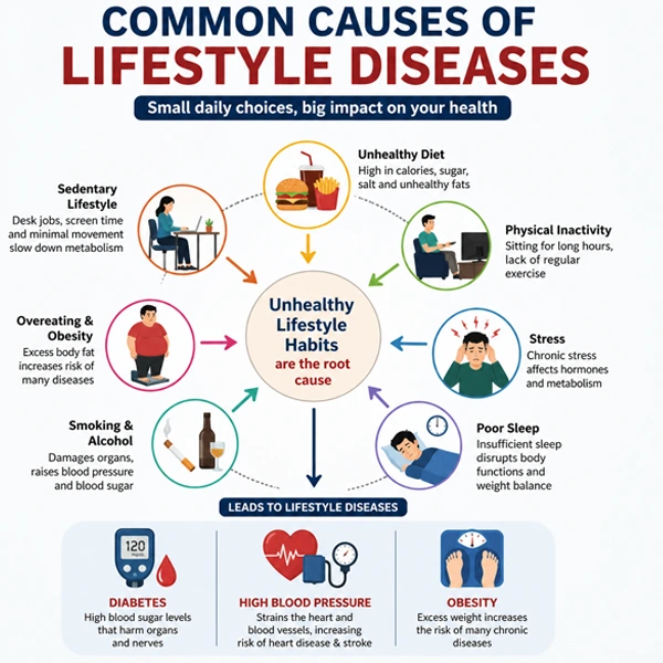A medical infographic detailing how factors like diet, sleep, and stress lead to chronic diseases.