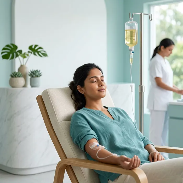 Medical professional setting up a vitamin IV drip for the Oxy-Glow skin illumination therapy at a wellness centre