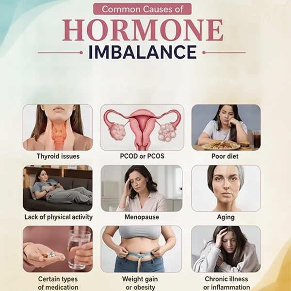 A visual breakdown of hormonal imbalance triggers such as chronic illness, menopause, weight gain, and poor lifestyle habits