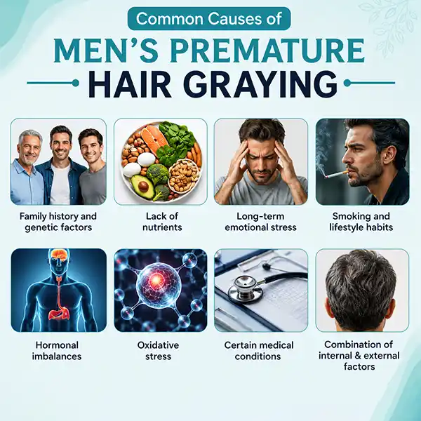Infographic on 8 common causes of men's premature hair graying and lifestyle habits.
