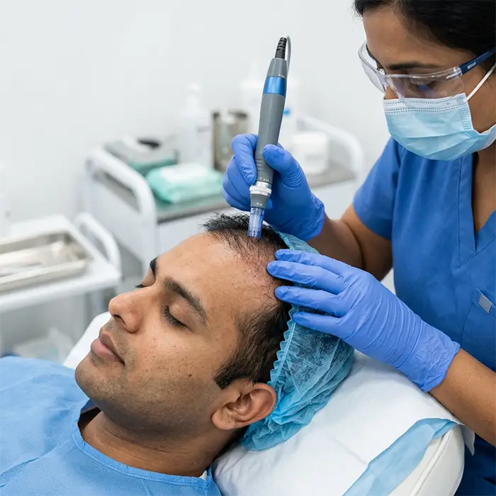 Microneedling procedure being performed on a patient's scalp to stimulate hair follicles and promote natural hair regrowth