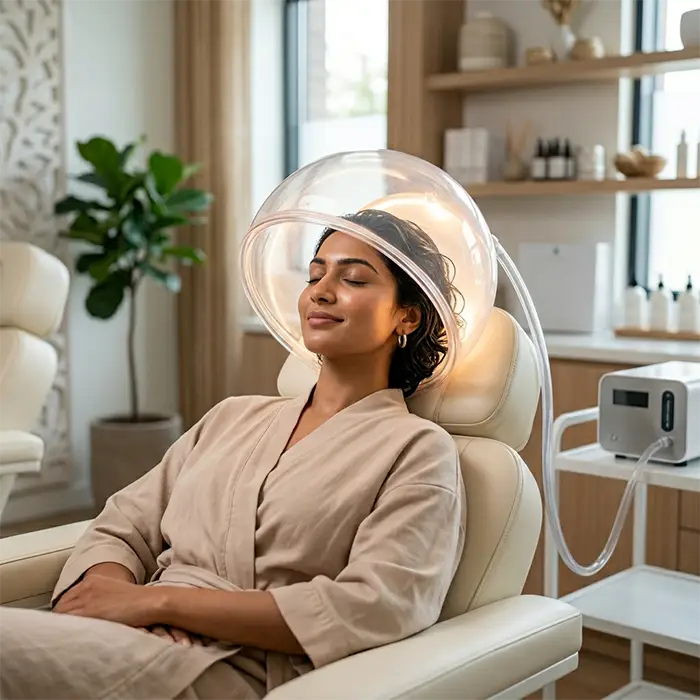 Ozone therapy device being used on a patient's scalp to stimulate follicles and improve hair density at a medical centre