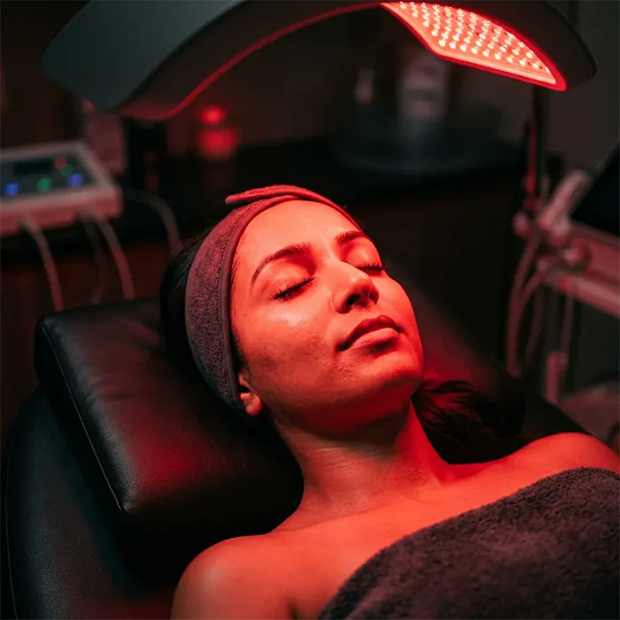 Clinical red light therapy treatment being applied to improve skin texture and stimulate natural skin repair without surgery