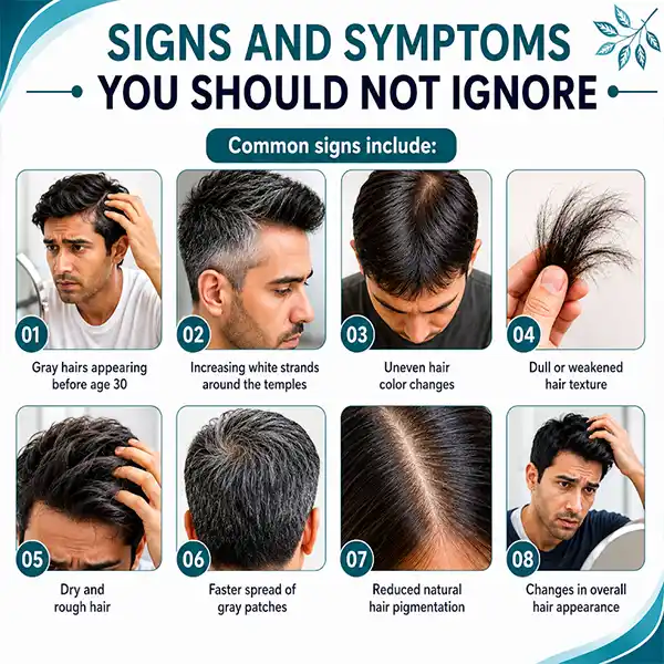 Infographic on 8 signs of premature hair greying, texture changes, and reduced pigmentation.