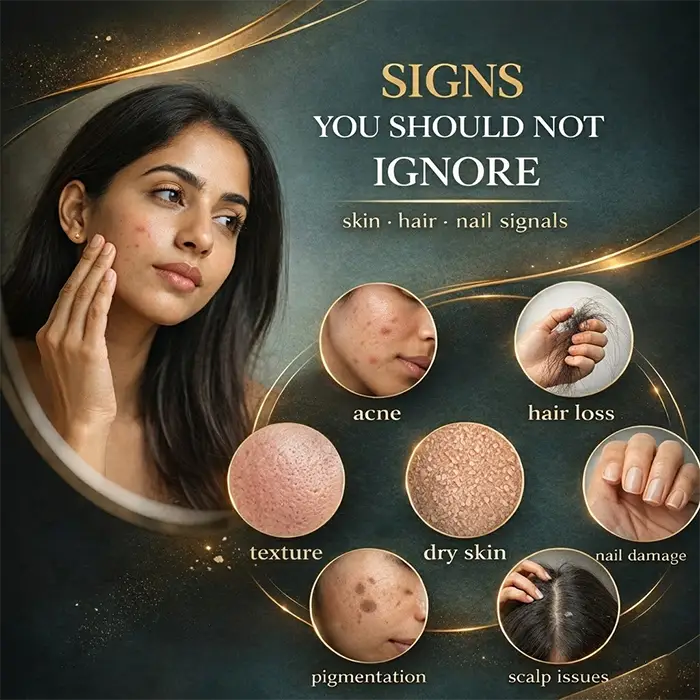 Infographic showing symptoms like acne, hair loss, pigmentation, and dry skin to not ignore.