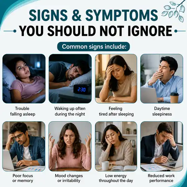 An infographic illustrating eight key signs and symptoms of sleep disorders you should not ignore.
